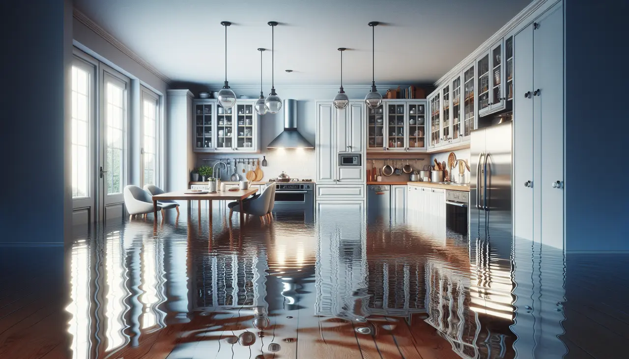 Interior of a home with a flooded kitchen