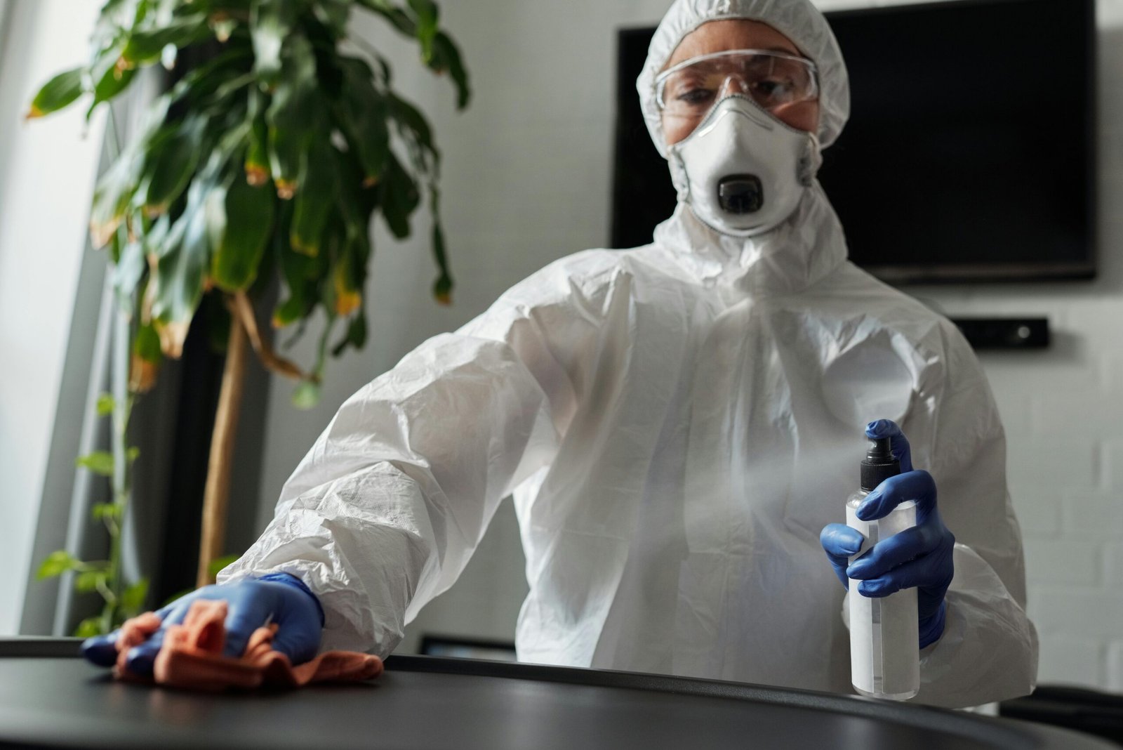 Person wearing protective equipment spraying DIY mold remover and wiping table