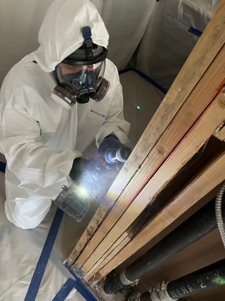 North Hollywood Damage Restoration Services | Onsite Pro 6 a man sanding studs in full ppe