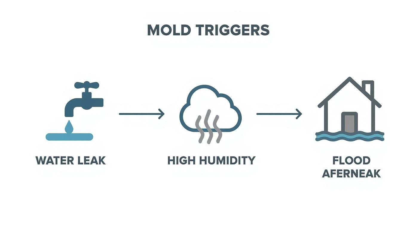 Your Guide to Finding Mold Inspection Services Near Me 1 Infographic showing the process flow of mold triggers: a water leak, high humidity, and flood aftermath.
