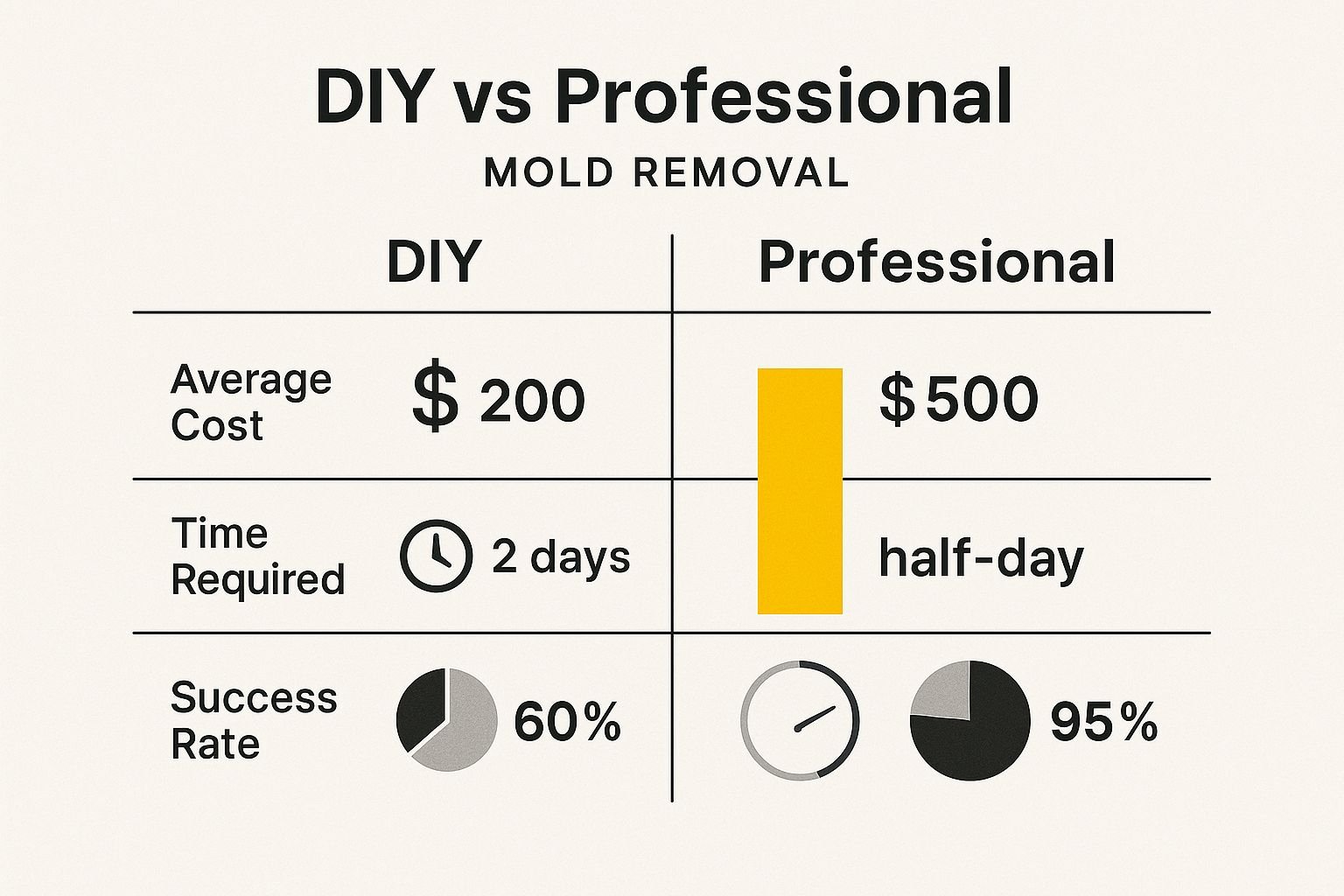 Infographic comparing the average cost, time required, and success rate of DIY versus professional mold removal.