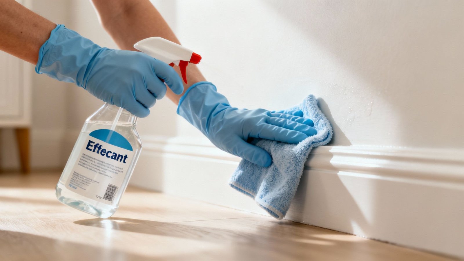 A restoration professional wearing protective gear is spraying a sanitizing agent on a wall that was previously affected by water damage.