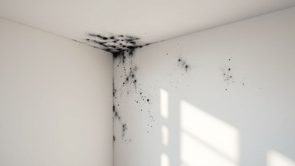 Your Guide to Mold Remediation Service in Los Angeles 1 Technician in a white suit and mask inspecting a wall with a flashlight for a mold remediation service.