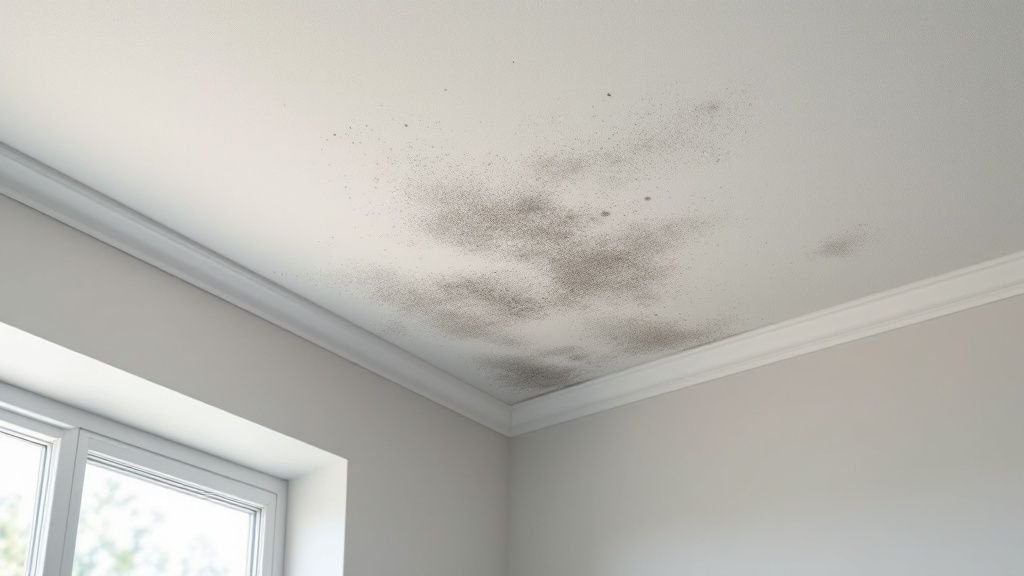 A close-up of a hand pointing to mold damage on drywall.