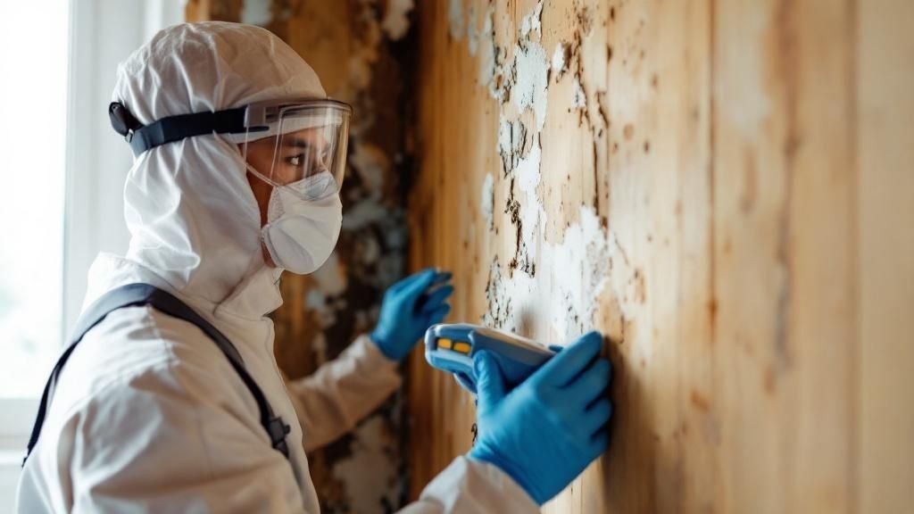 A homeowner shaking hands with a mold remediation professional in front of a house.
