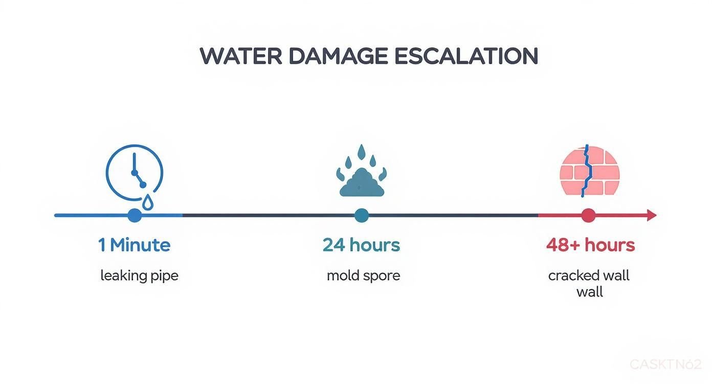 Your Guide to Emergency Water Extraction Services for Flood Cleanup 1 Infographic showing emergency water extraction services timeline - water damage escalation from 1 hour to 48 hours