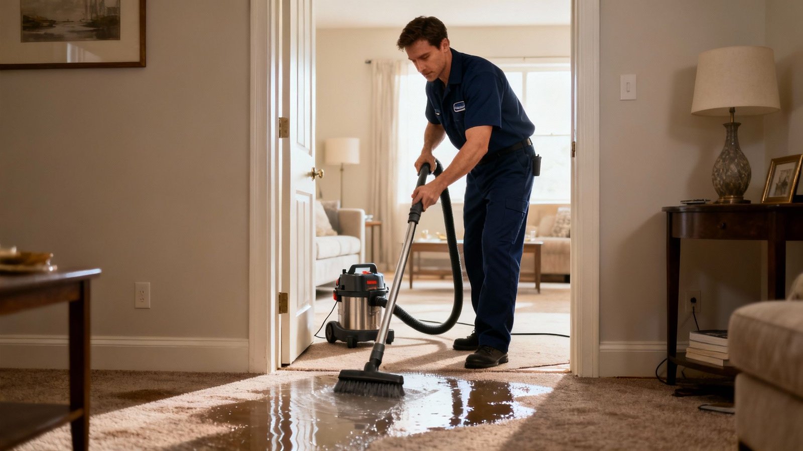Your Guide to Emergency Water Extraction Services for Flood Cleanup 2 Professional using water extraction equipment in a flooded living room