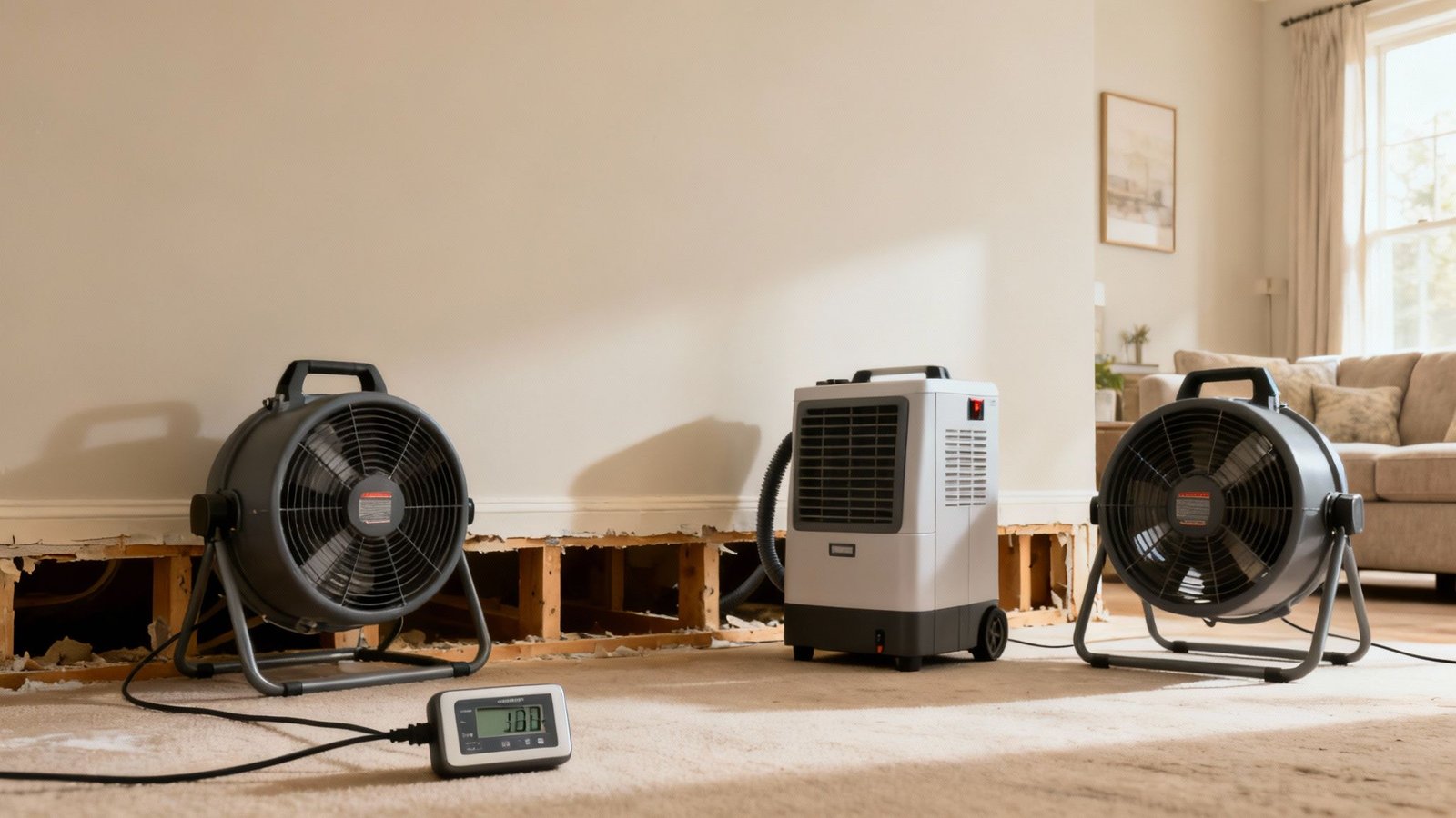 Your Ultimate Guide to Sewage Damage Cleanup in Los Angeles 3 Technicians using industrial air movers and dehumidifiers to perform structural drying in a water-damaged room.