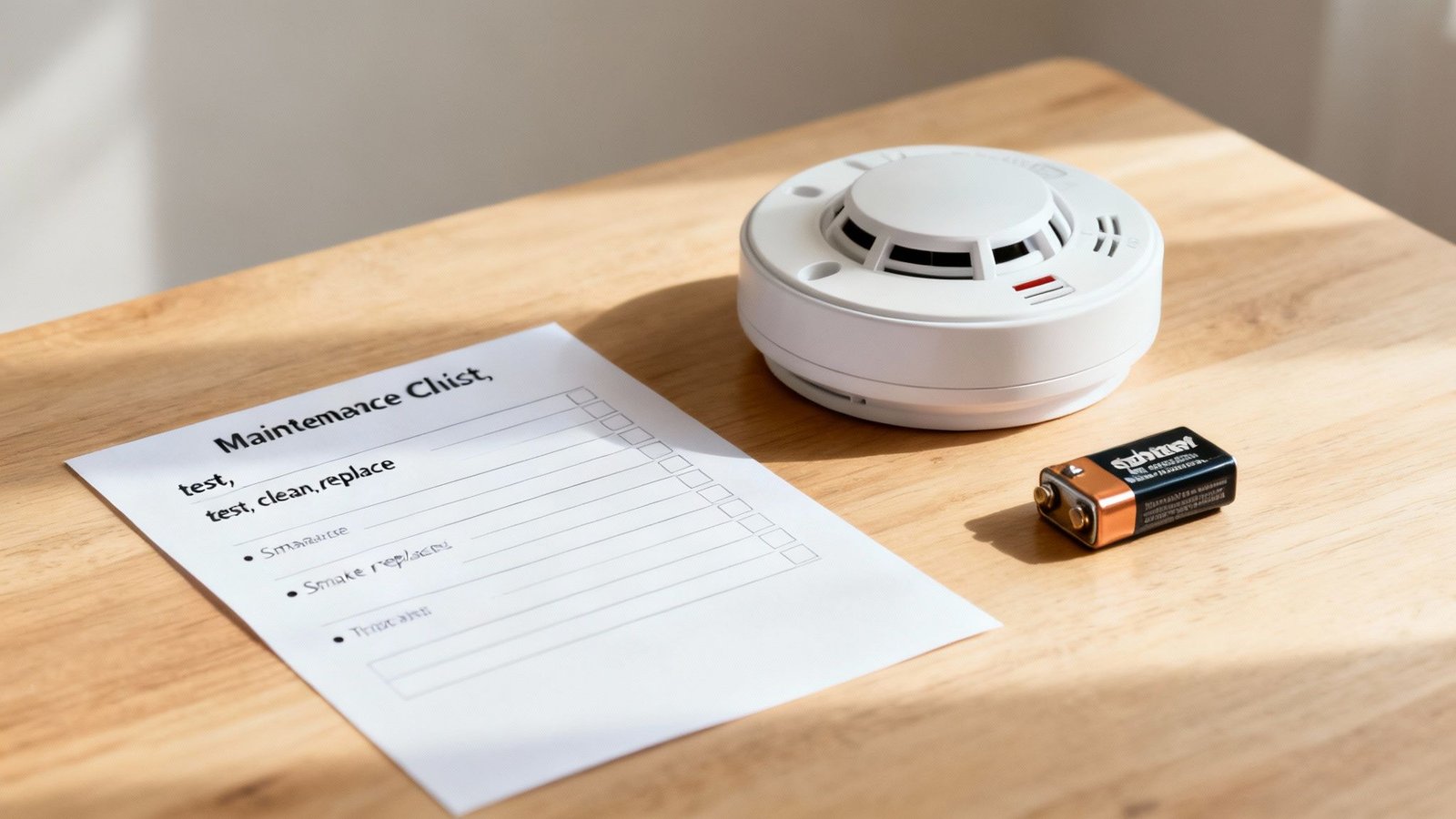 A checklist graphic with icons for battery replacement, cleaning a smoke detector, and a calendar for testing.
