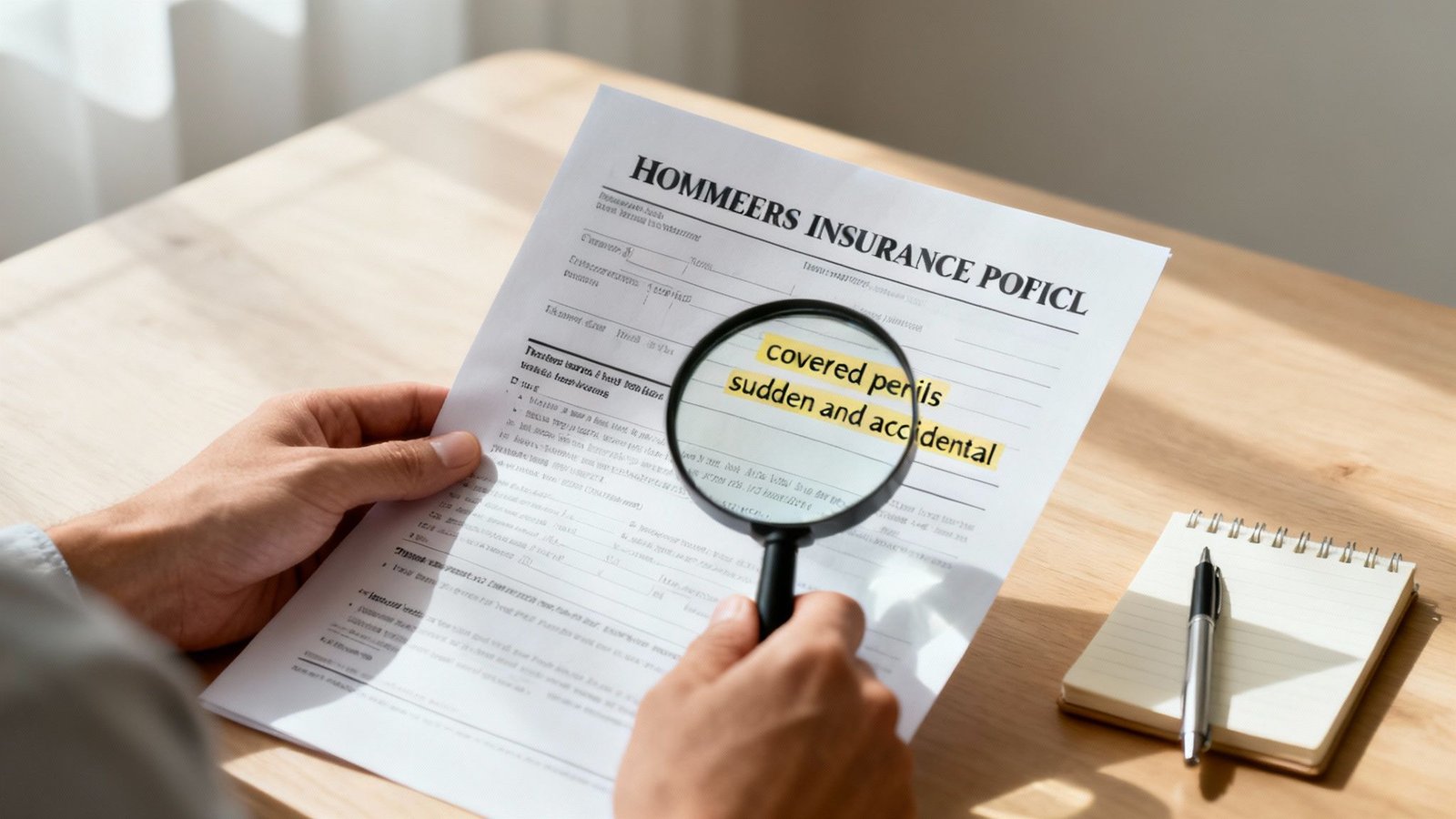 Magnifying glass over a homeowners insurance policy document.