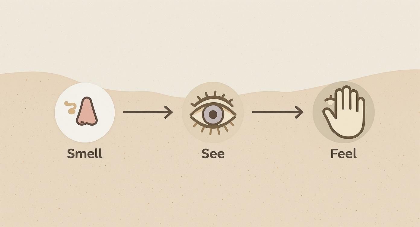 Infographic showing a process flow for spotting crawl space mold using icons for smell, sight, and feel.