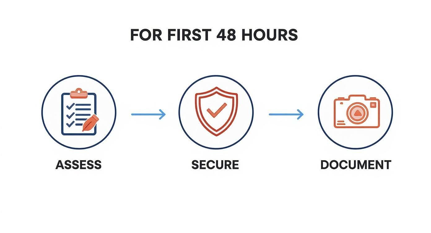 Infographic detailing the first steps in fire damage restoration: Assess, Secure, and Document.