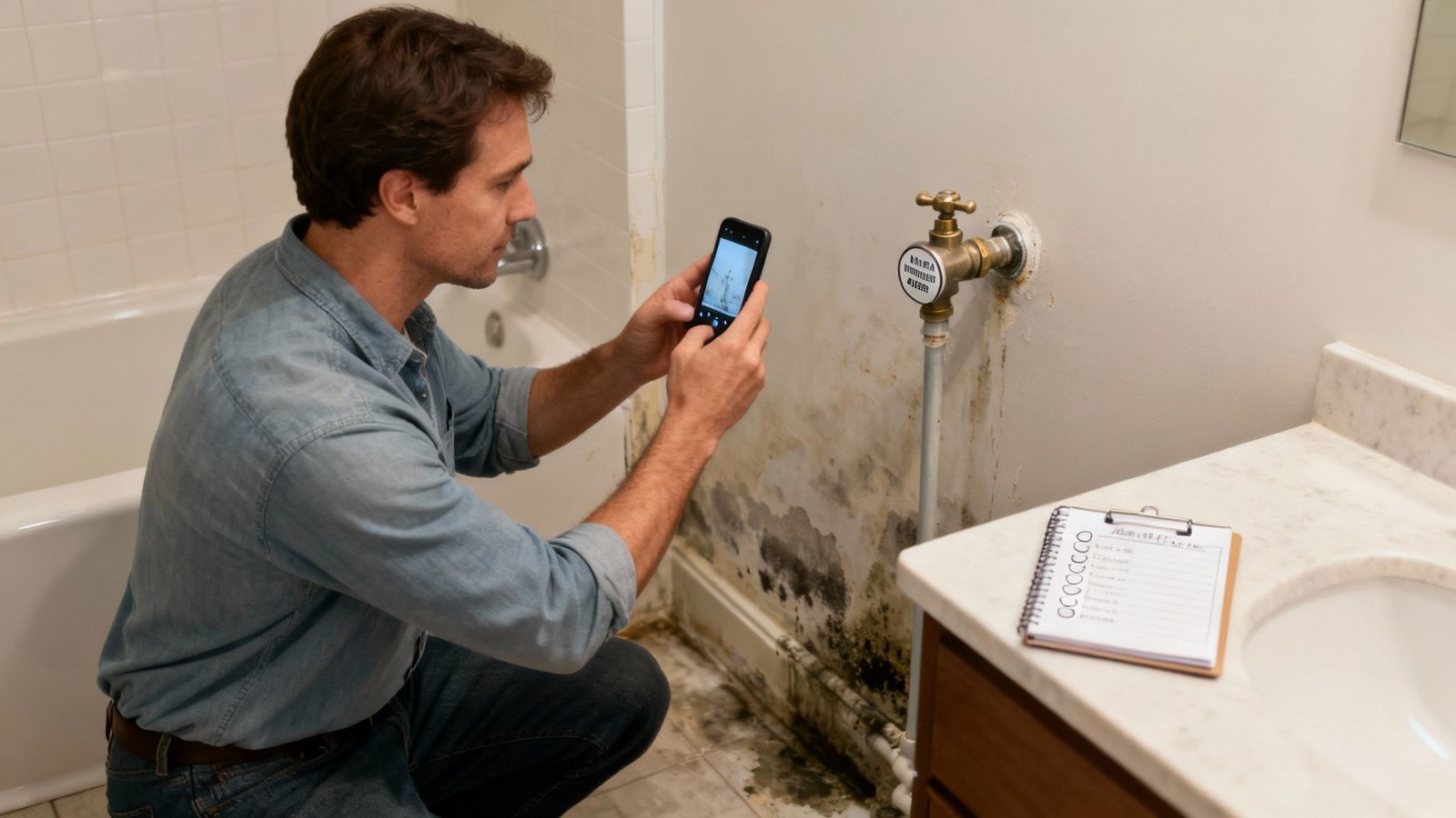 A person documenting mold damage on their phone for an insurance claim.