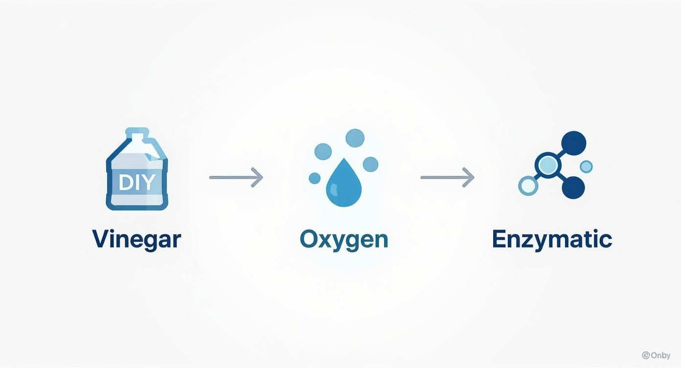 How to Permanently Eliminate Urine Odor in Your Los Angeles Home 3 A diagram illustrating a three-step process: from a DIY vinegar bottle, to oxygen droplets, ending with an enzymatic molecule.