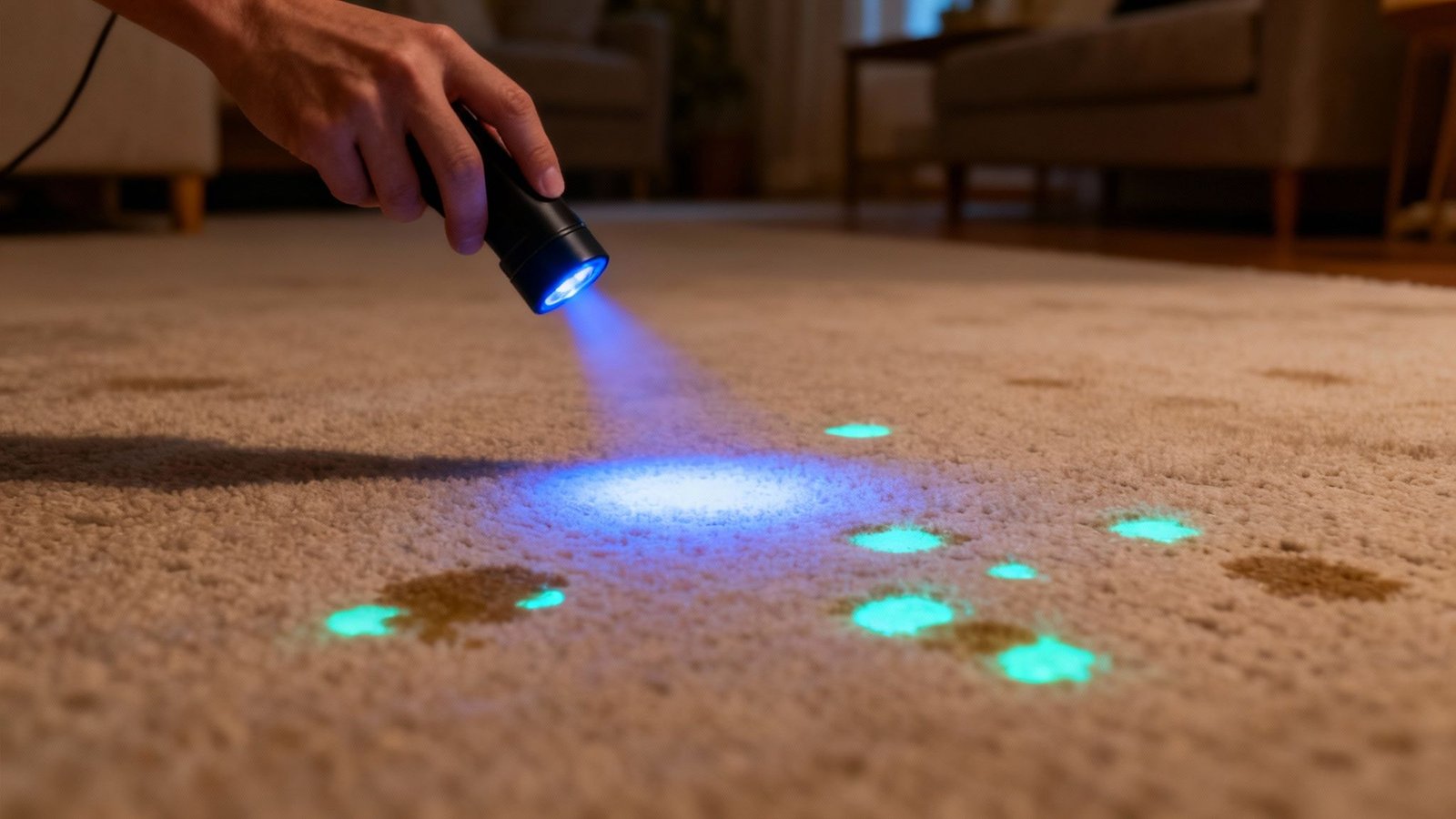 How to Permanently Eliminate Urine Odor in Your Los Angeles Home 2 A hand uses a UV flashlight to expose hidden pet urine stains and other dirt on a beige carpet.