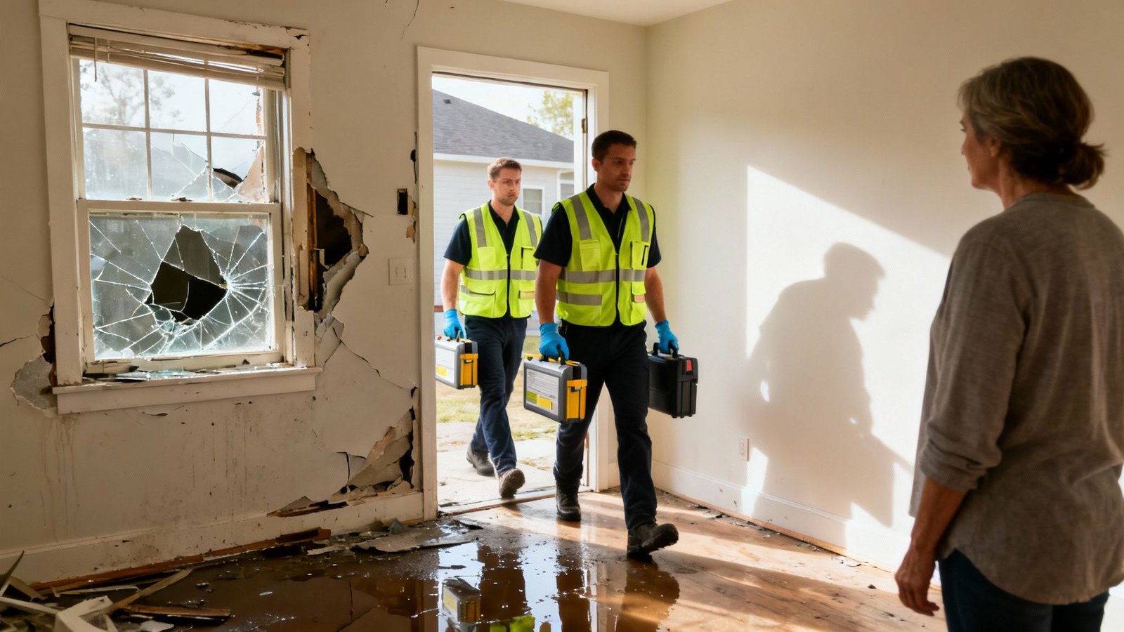Your Guide to Onsite Restoration Visit in Los Angeles 2 Damage restoration workers assess a flooded room with a broken window, speaking to a homeowner.