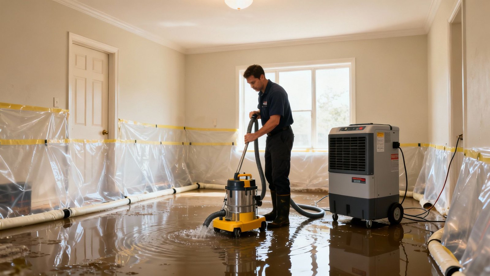 Your Guide to Onsite Restoration Visit in Los Angeles 4 A water damage restoration technician uses a wet vacuum to clean up a flooded residential room.