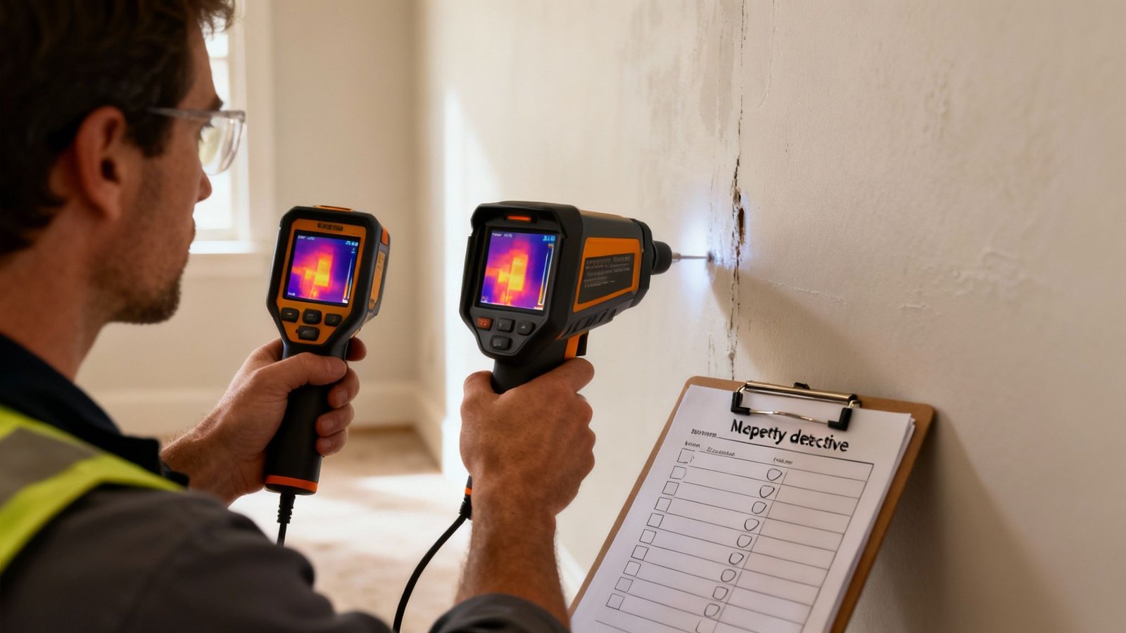 Your Guide to Onsite Restoration Visit in Los Angeles 3 Technician uses thermal imaging cameras to inspect a damaged wall for moisture and cracks.