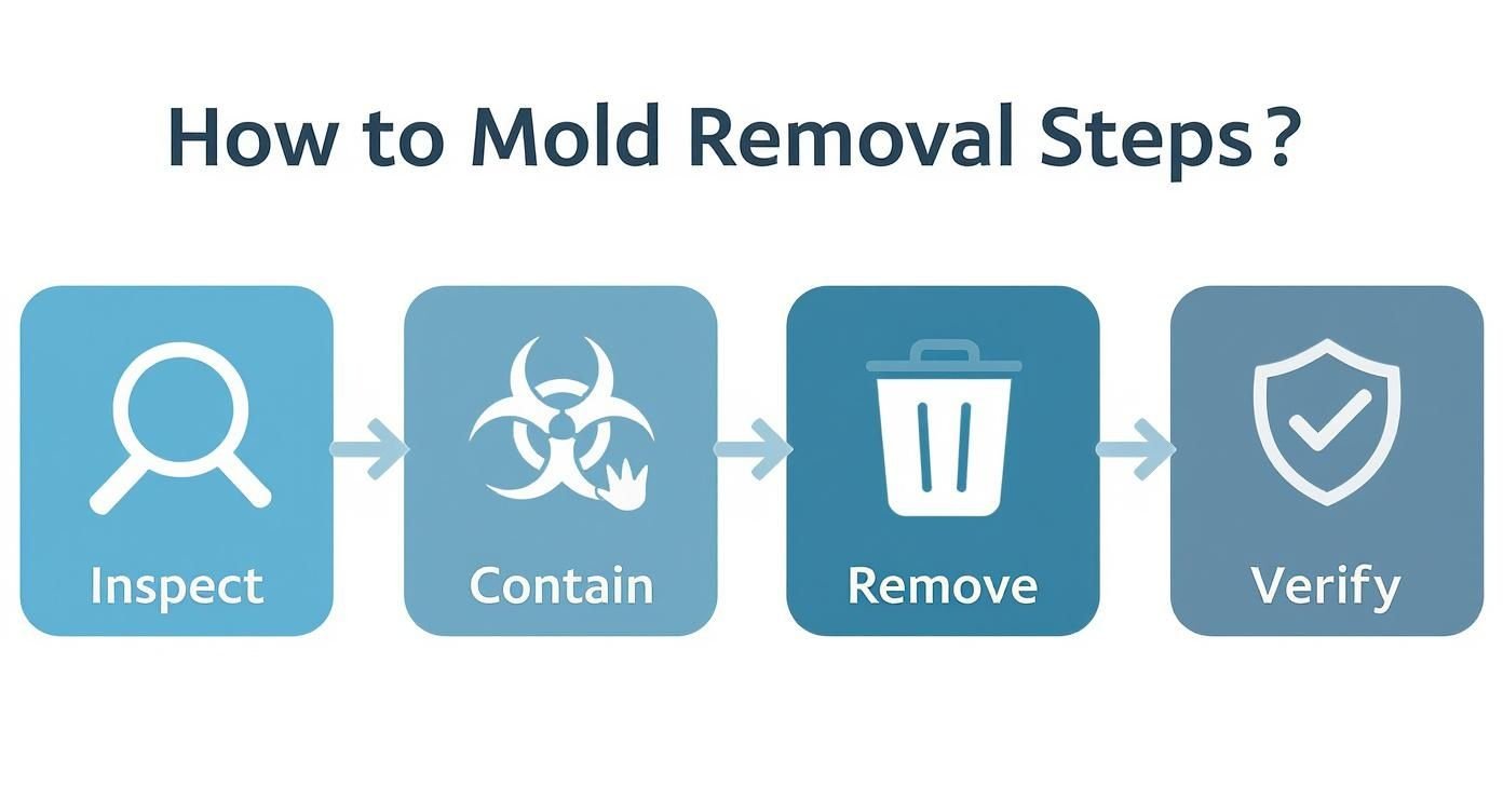 Your Ultimate Guide to Los Angeles Mold Removal 3 Four-step mold removal process diagram showing inspect, contain, remove, and verify stages with icons