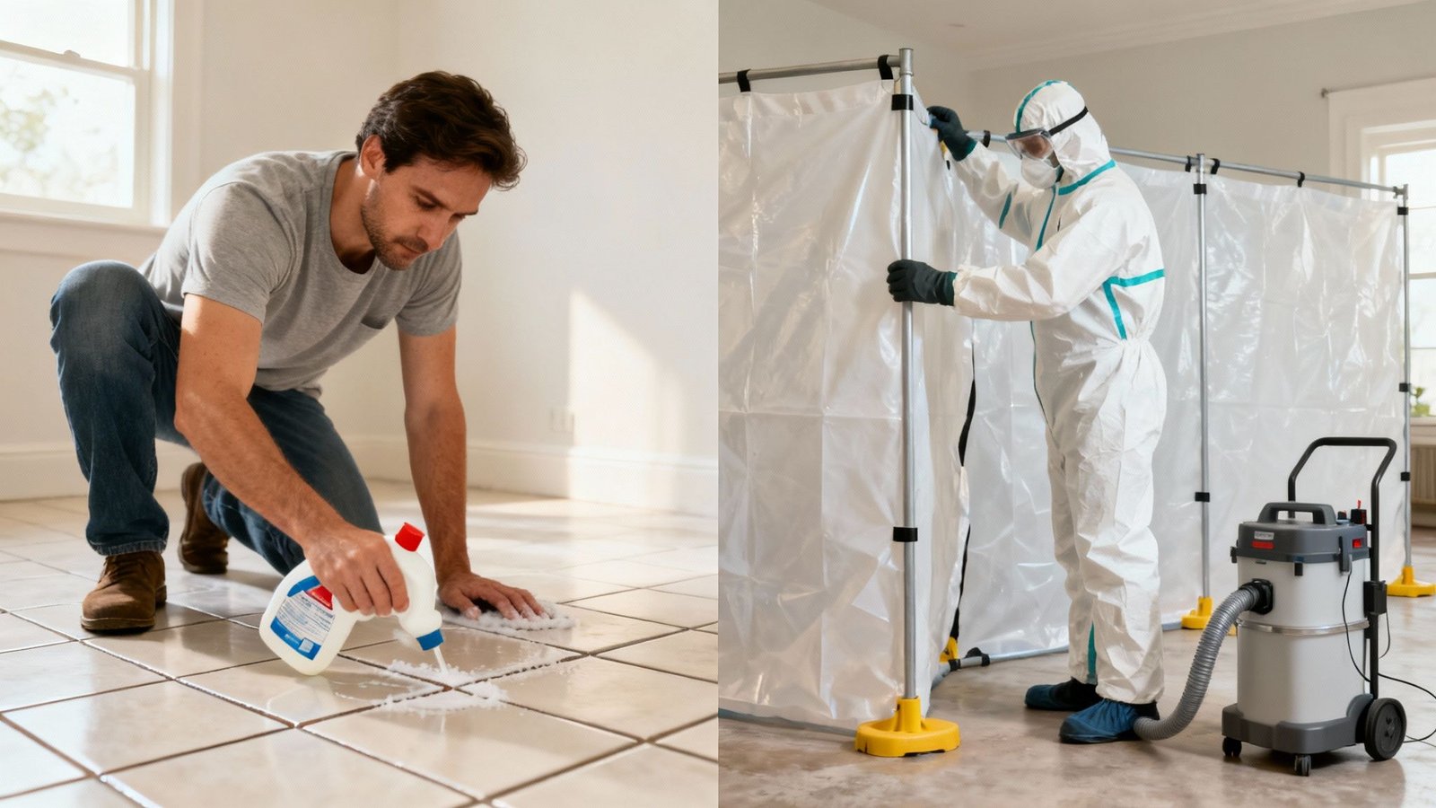 Your Ultimate Guide to Los Angeles Mold Removal 2 Professional mold removal comparison showing DIY cleaning versus expert hazmat remediation service in Los Angeles