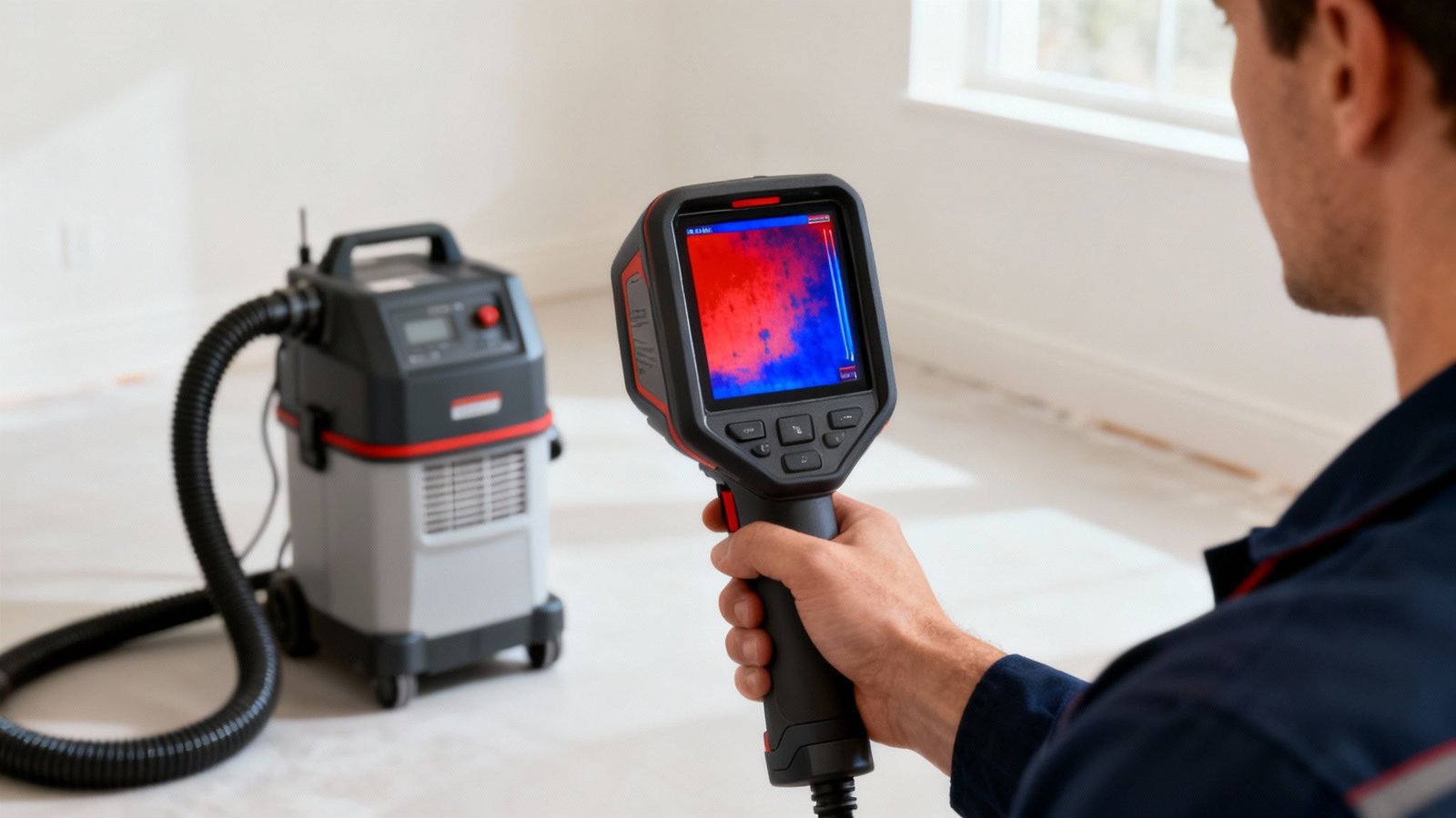 Professional technician using thermal imaging camera to detect moisture during property restoration inspection