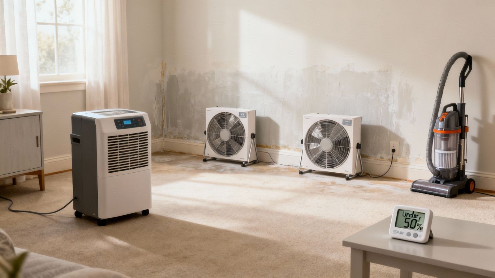 A Homeowner's Guide to Safe Removal of Mold in Los Angeles 3 Dehumidifier and air blowers drying water-damaged room with mold on walls and humidity monitor