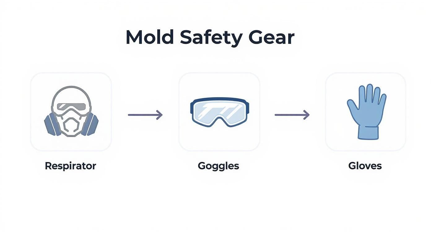 A Homeowner's Guide to Safe Removal of Mold in Los Angeles 2 Mold safety gear infographic showing respirator mask, protective goggles, and gloves required for safe mold remediation