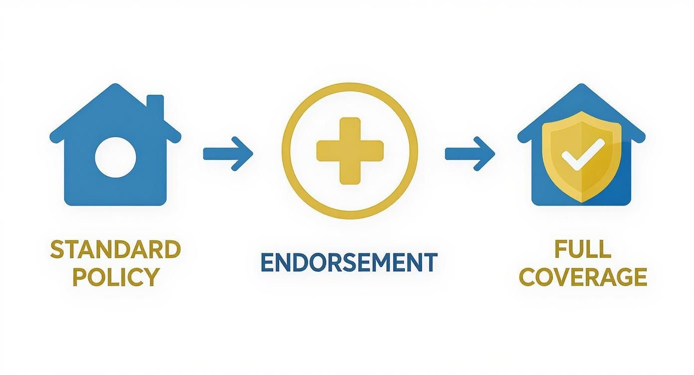 Process diagram: standard insurance policy plus endorsement leads to full coverage for a house.