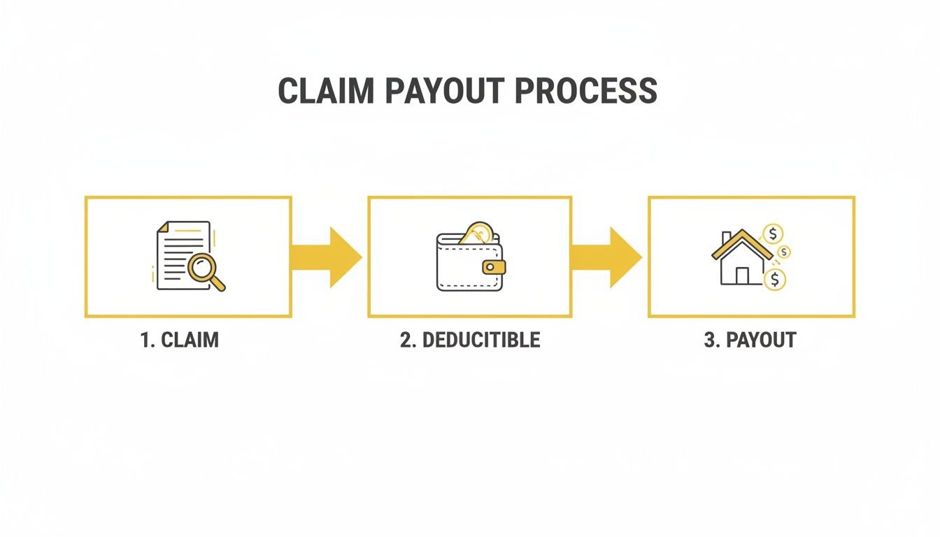 An infographic illustrating the insurance claim payout process, showing steps for claim submission, deductible payment, and final payout.