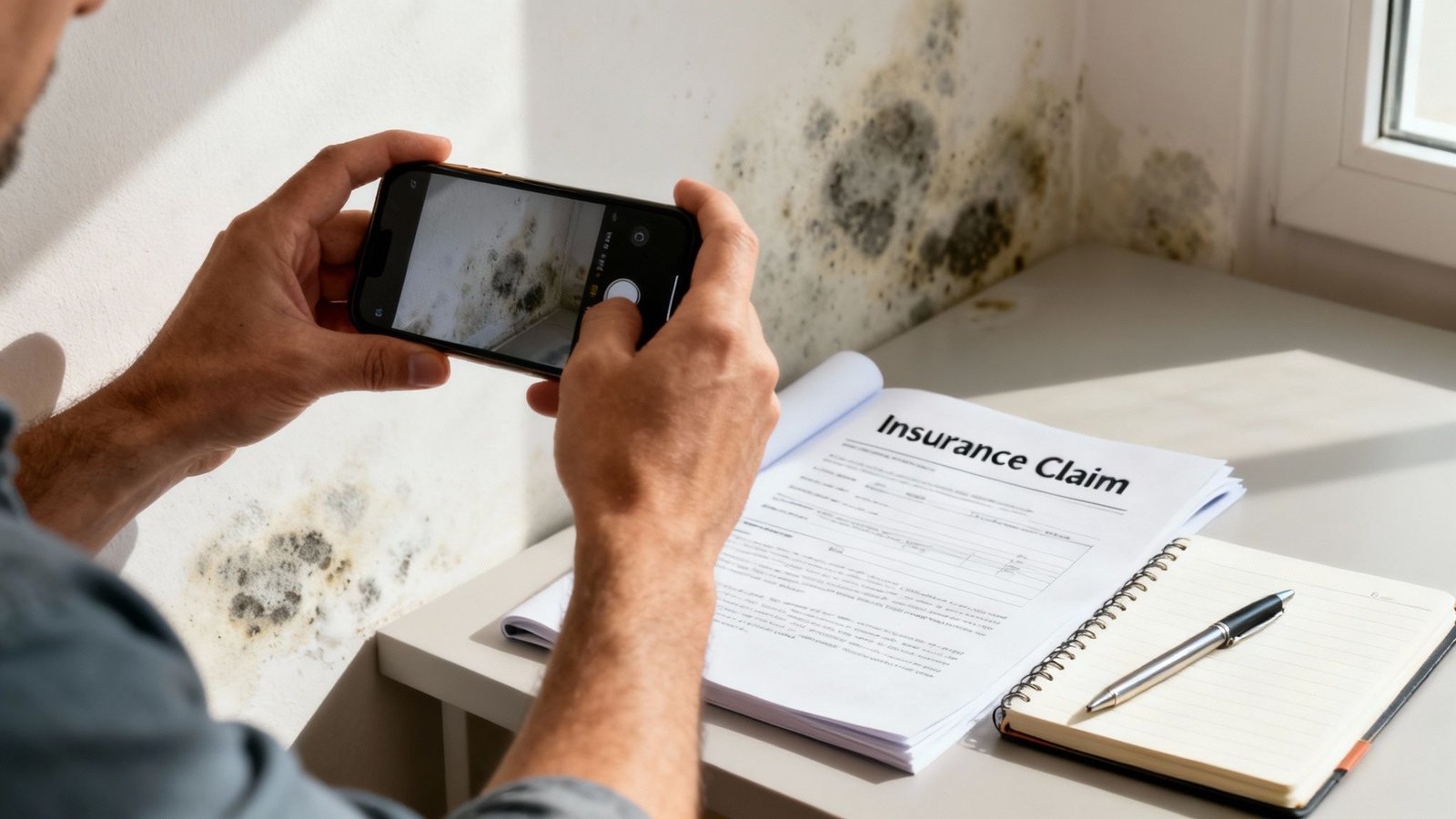 Man photographing extensive mold damage on a wall for an insurance claim document.