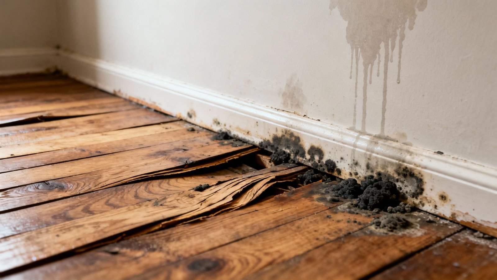 Severe water damage causing black mold growth and decaying wooden floorboards along a white wall.