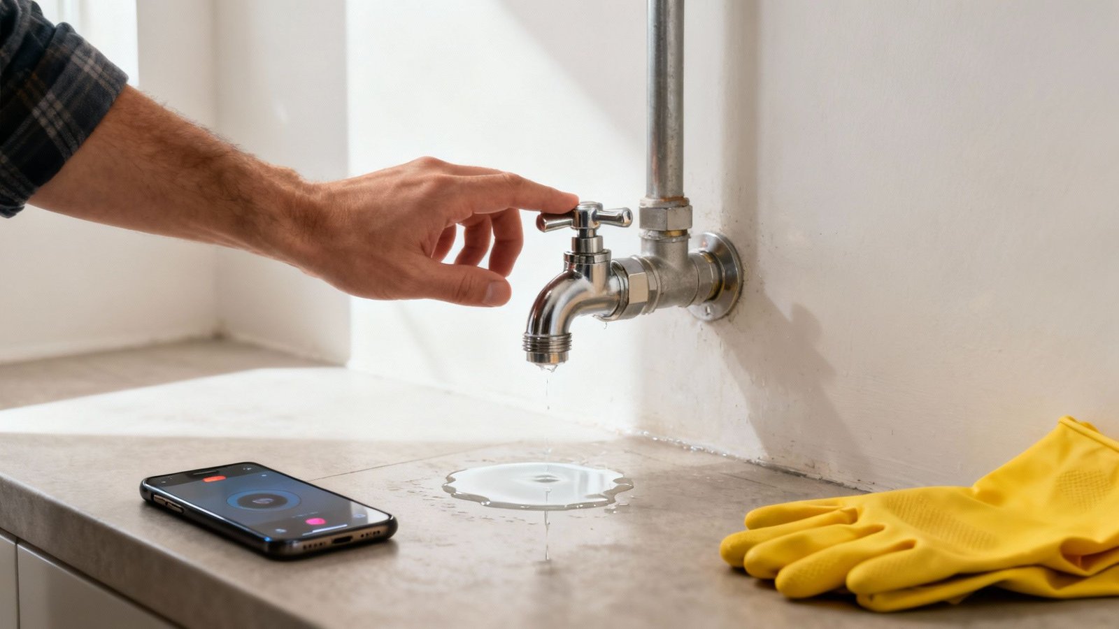 A person's hand attempts to fix a leaking water tap, with water pooling on the counter next to yellow gloves and a smartphone.