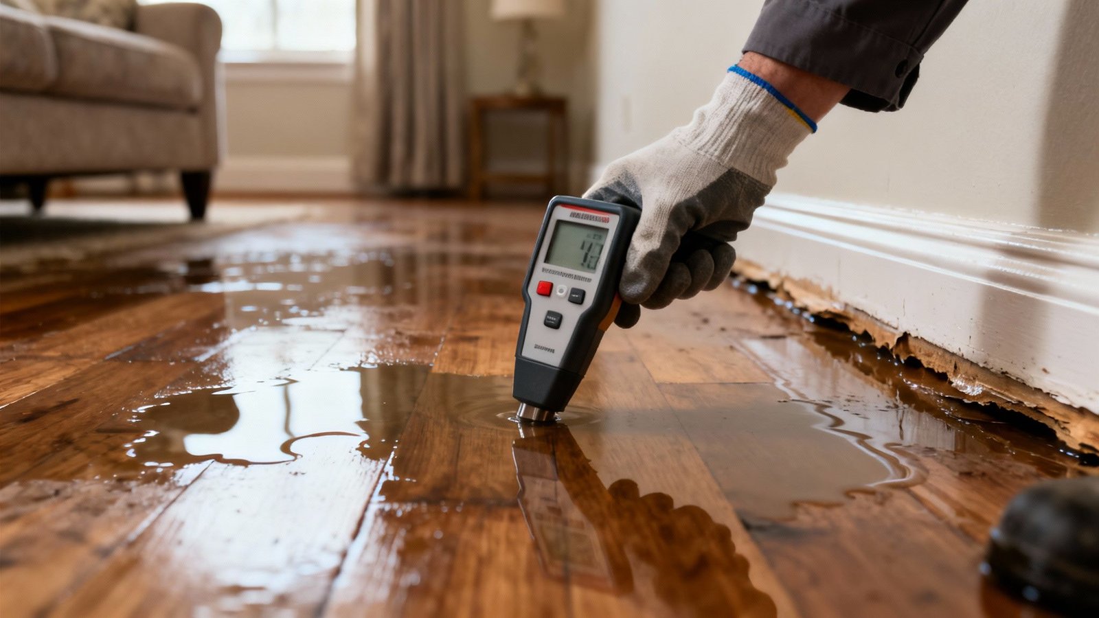 A gloved hand uses a moisture meter to check water damage on a flooded hardwood floor next to a damaged baseboard.