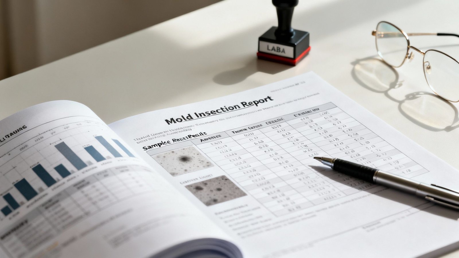 An open "Mold Inspection Report" document with data, graphs, and sample images on a white desk.
