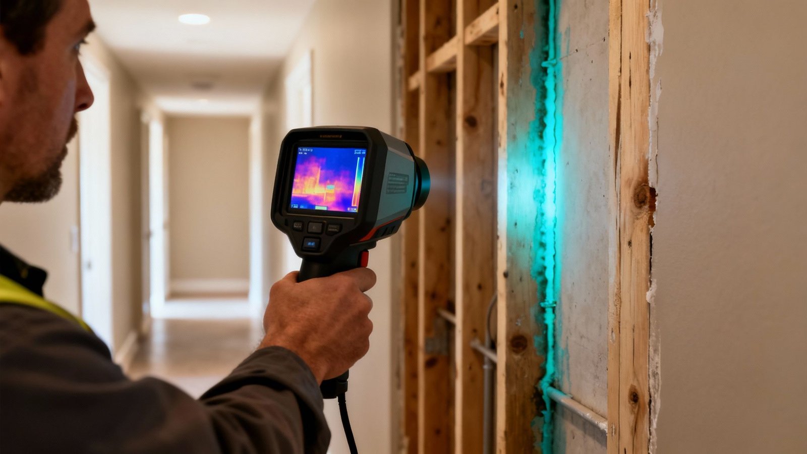 A man in a vest uses a thermal imaging camera to inspect a wall under construction for water leaks.