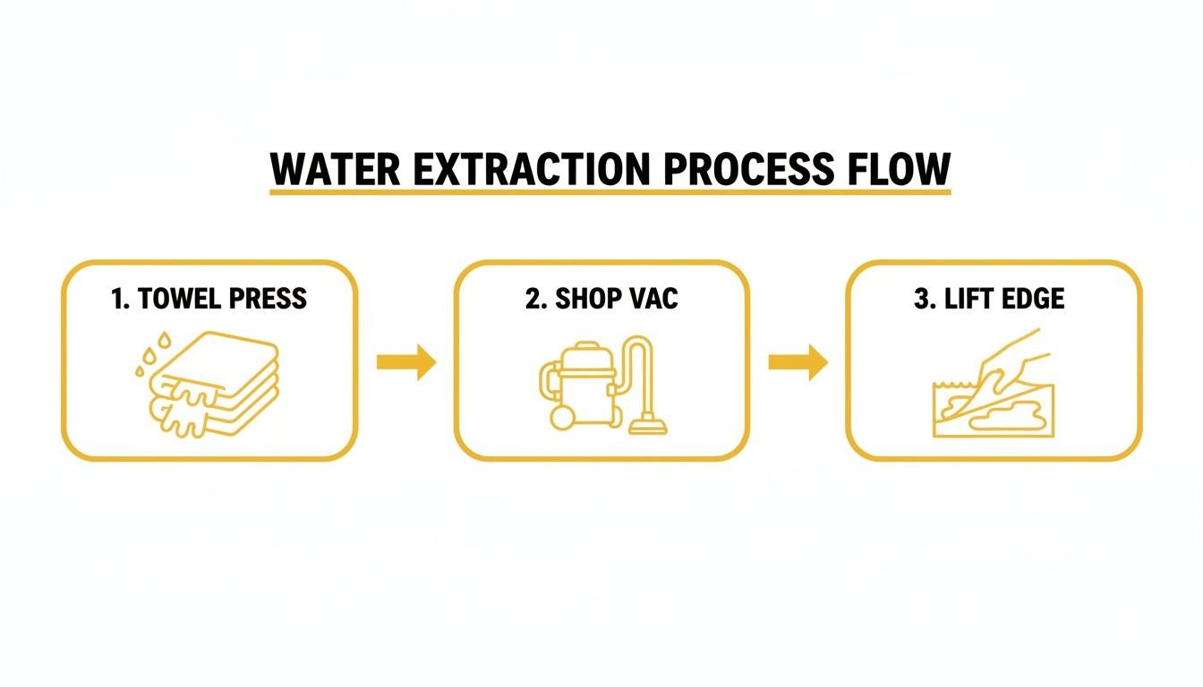 Water extraction process flow showing three steps: towel press, shop vacuum, and lifting carpet edge.