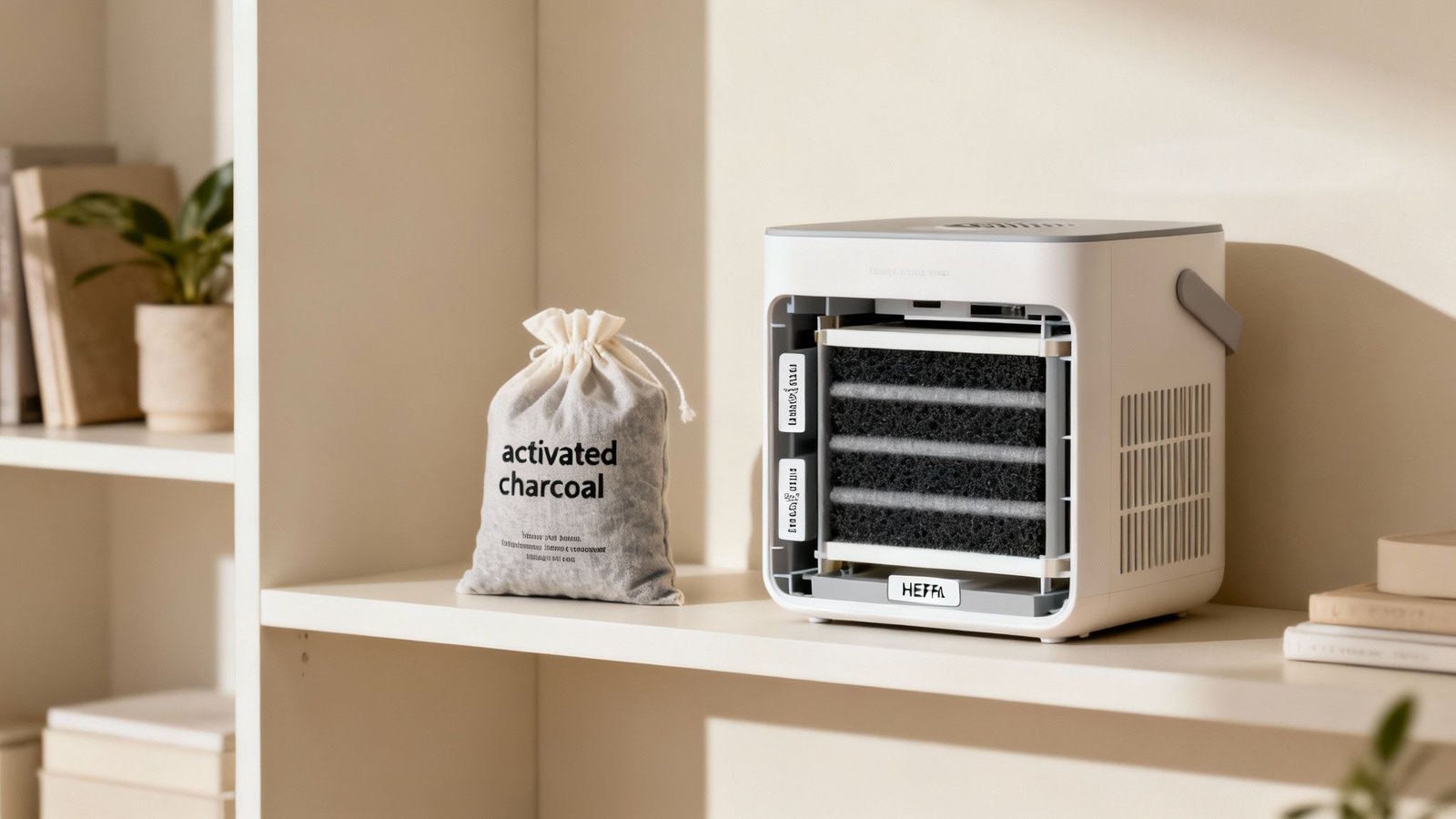 An air purifier with visible filters and a bag of activated charcoal on a clean shelf.