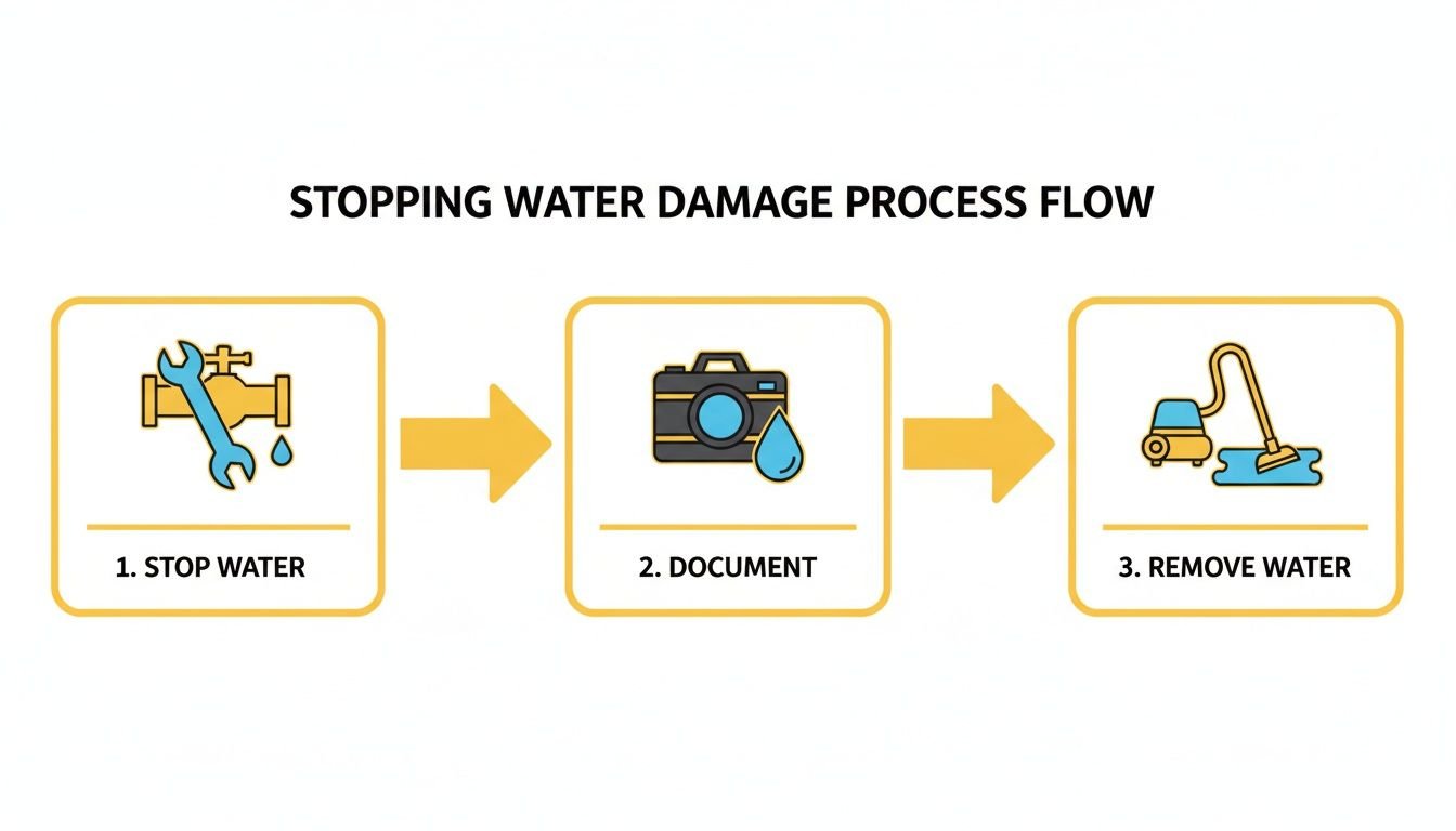 A process flow diagram showing three steps to stop water damage: stop water, document, and remove water.
