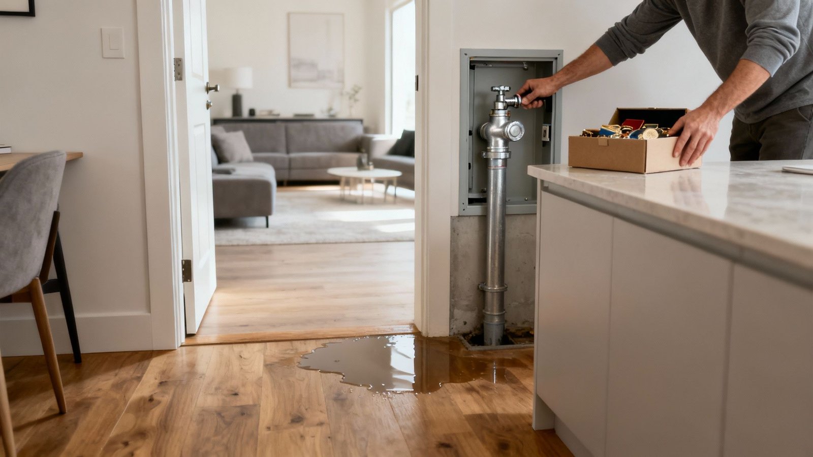A person turns off a water main valve in a wall as water leaks onto a wooden floor.