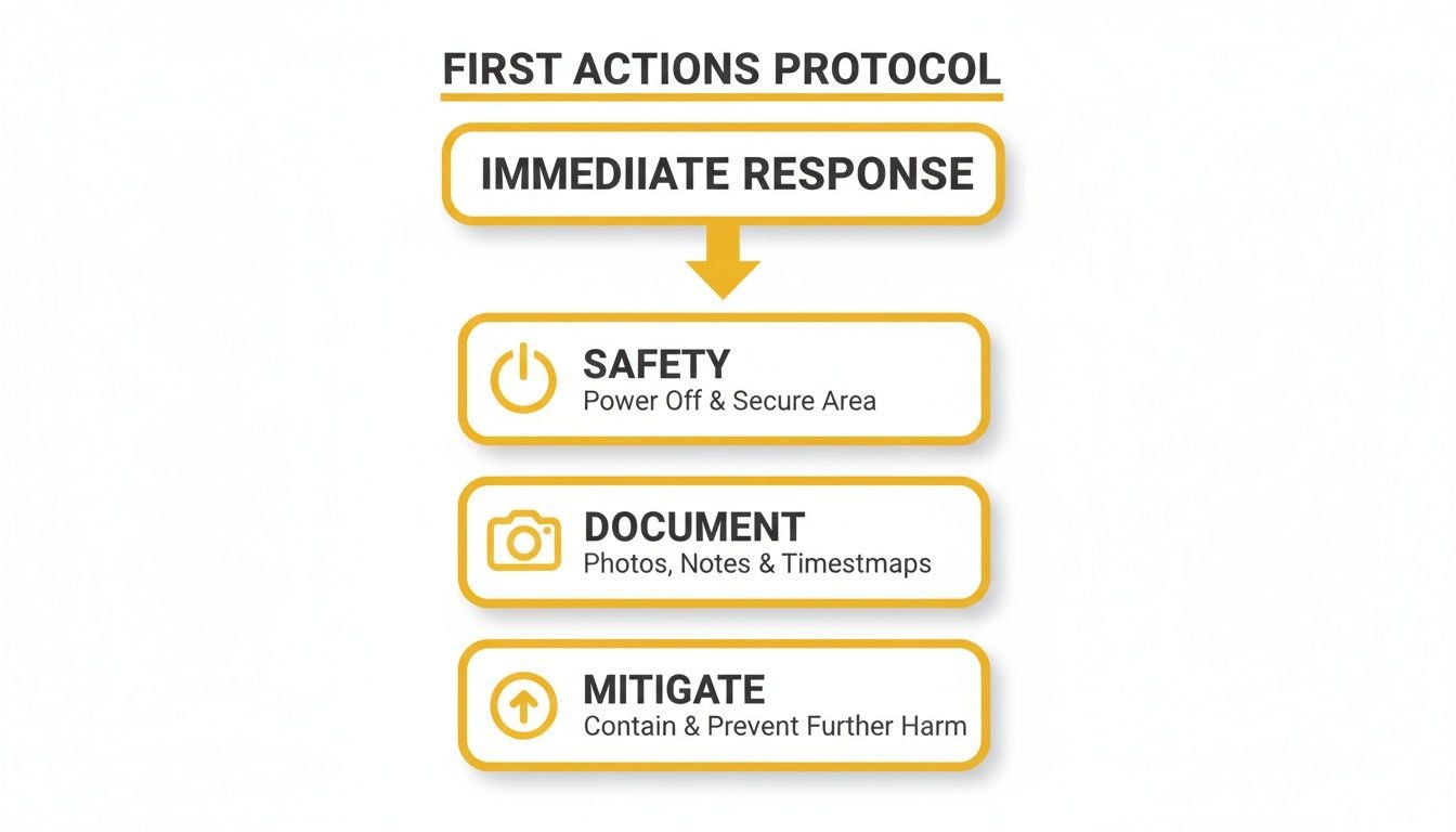 Restoration Water Damage: A Homeowner's Guide to Fast, Trusted Recovery 1 A flowchart outlining a first actions protocol for immediate response, safety, documentation, and mitigation.