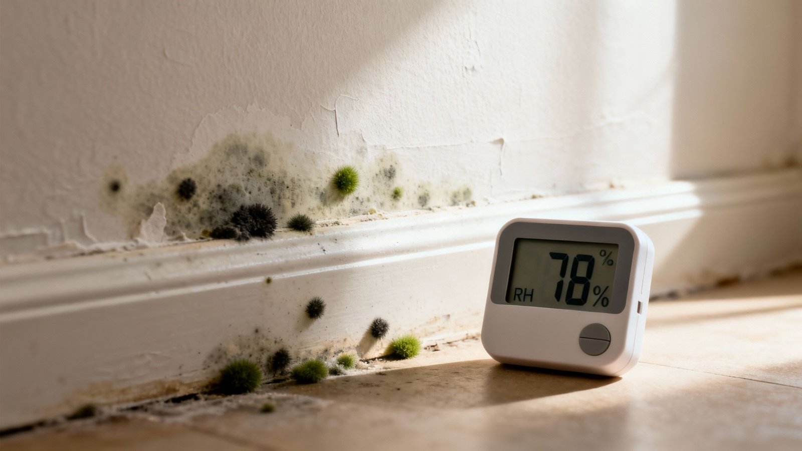 Restoration Water Damage: A Homeowner's Guide to Fast, Trusted Recovery 3 Severe mold growth on a wall and baseboard, with a digital hygrometer showing high relative humidity.