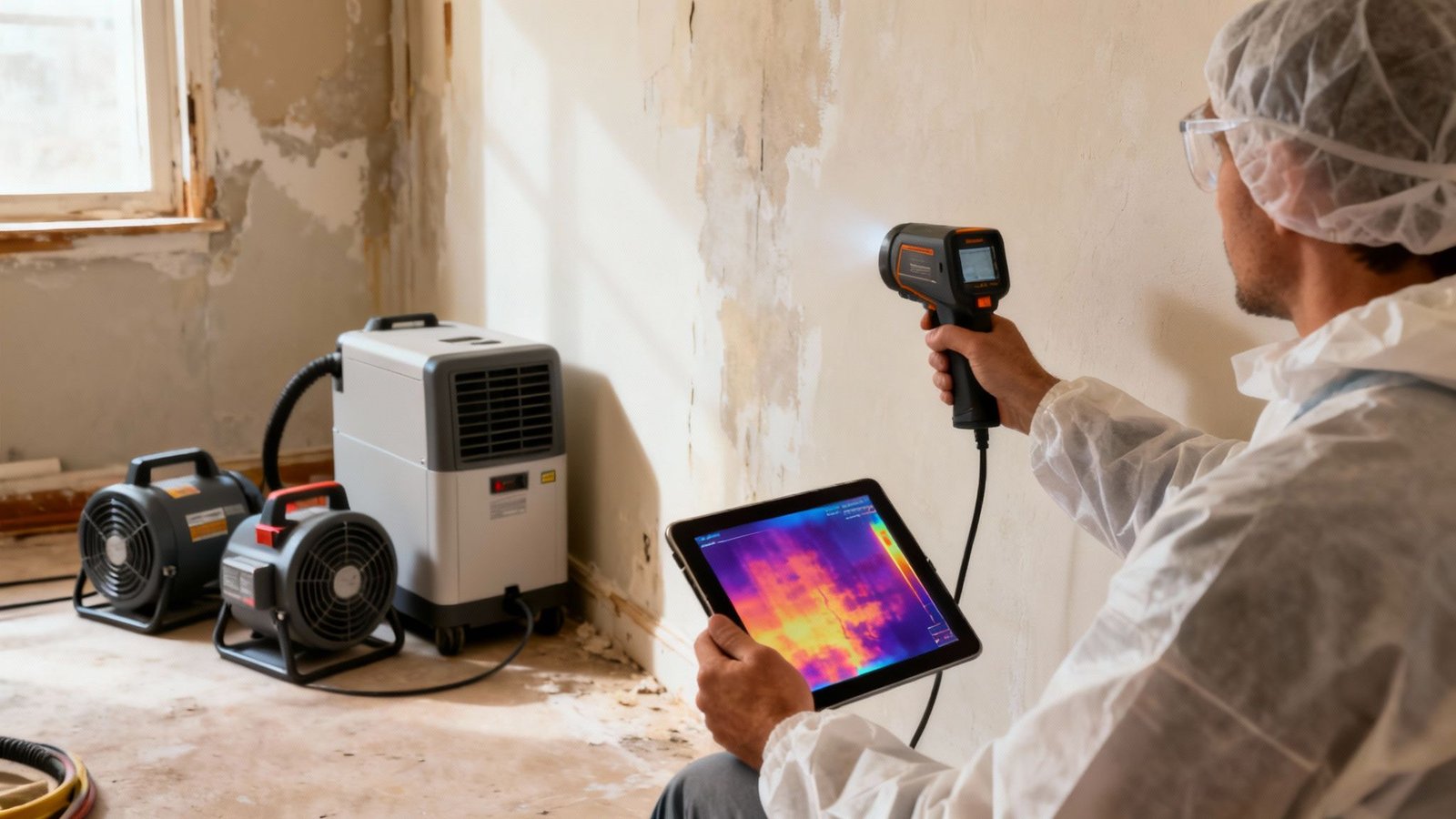 Restoration Water Damage: A Homeowner's Guide to Fast, Trusted Recovery 2 A professional inspects a damp wall with a thermal imager and tablet in a room with drying equipment.