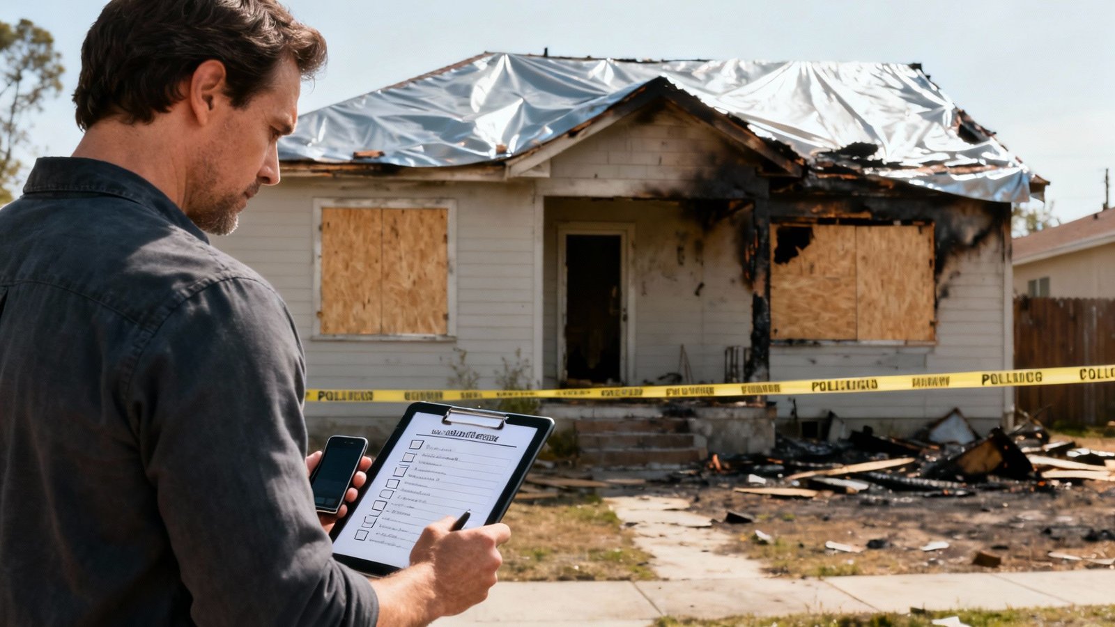What to Do After a House Fire: A Los Angeles Homeowner's Guide 3 A man, likely an insurance adjuster, inspects a house severely damaged by fire, holding a clipboard and phone.