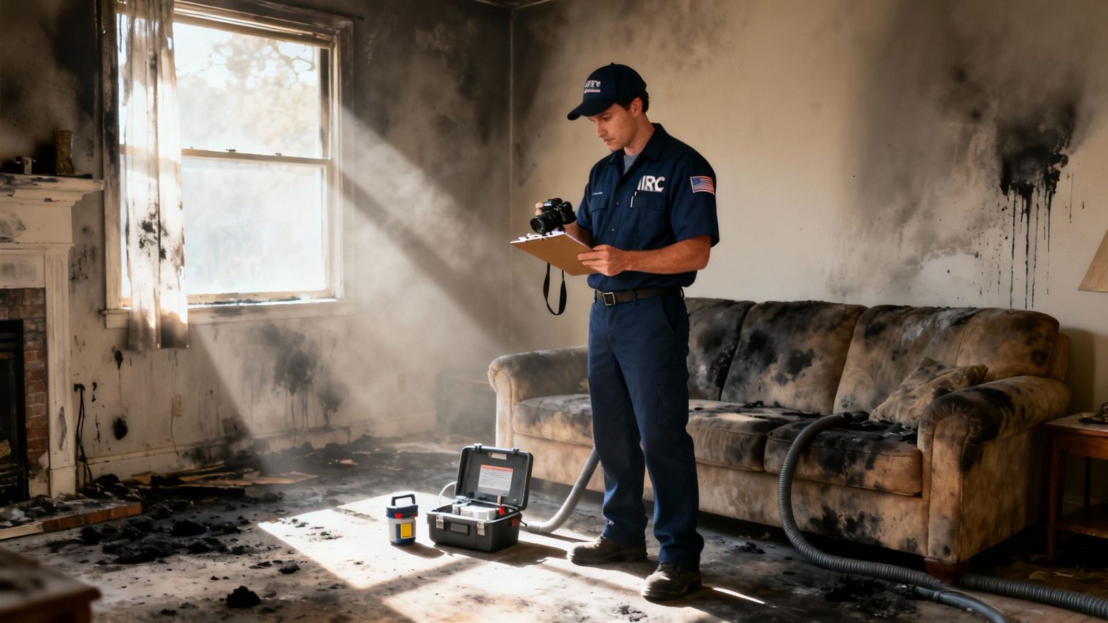 What to Do After a House Fire: A Los Angeles Homeowner's Guide 4 A fire investigator examines a severely burned room with charred furniture and black walls, holding a camera and clipboard.