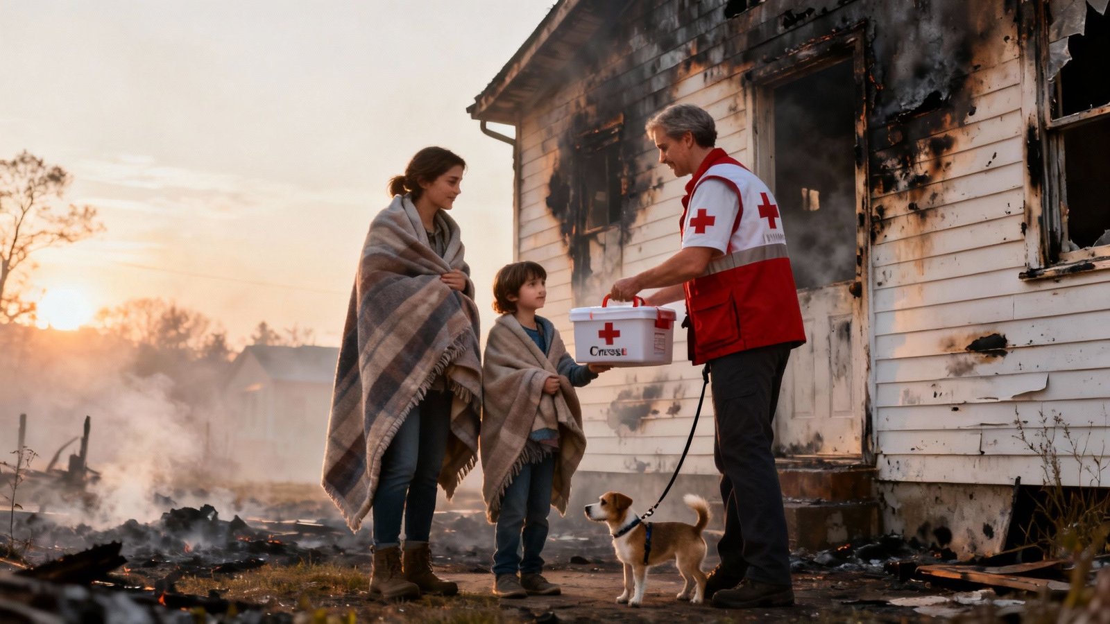 What to Do After a House Fire: A Los Angeles Homeowner's Guide 2 A Red Cross volunteer provides comfort and aid to a family after a devastating house fire.