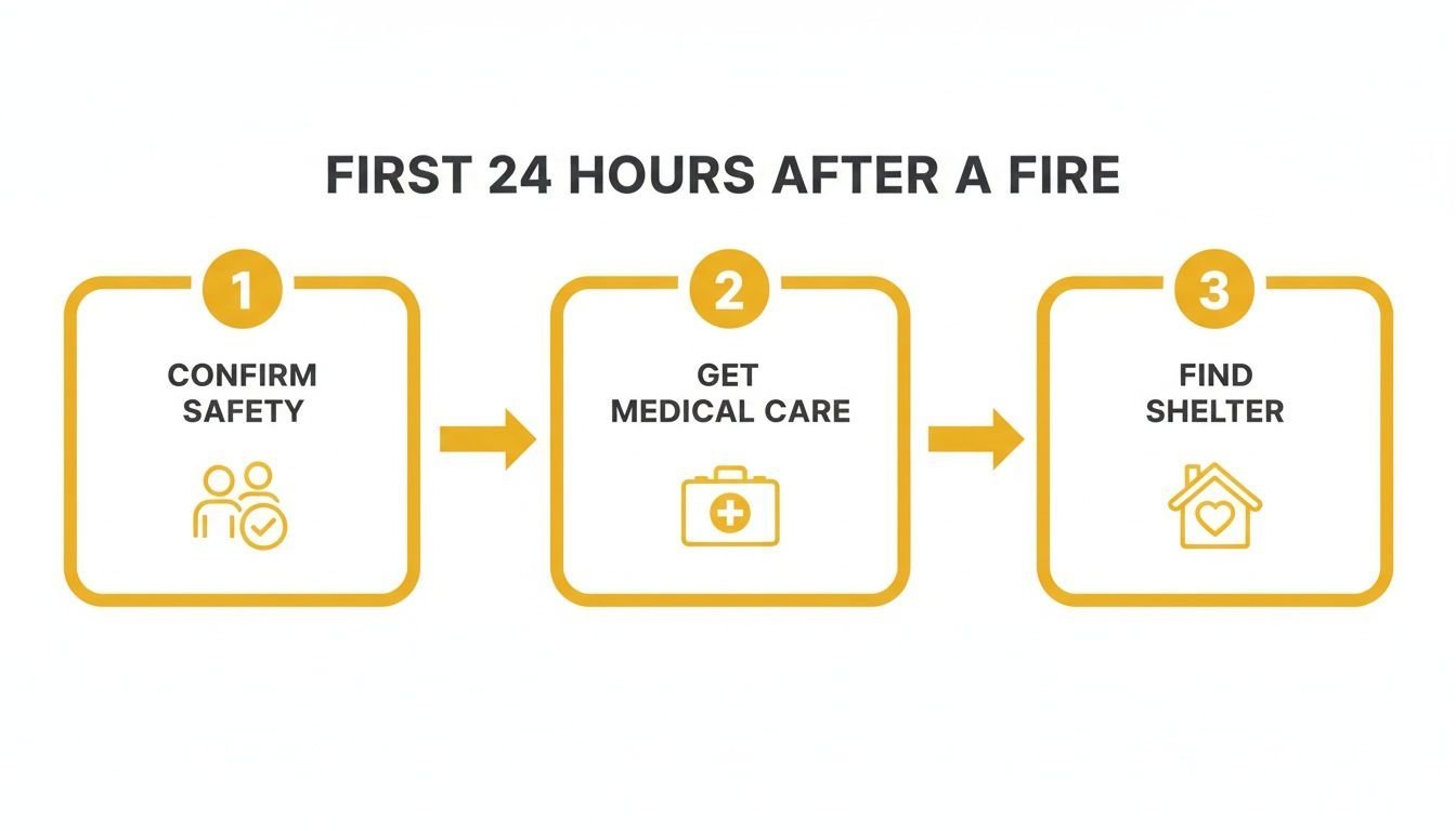 A step-by-step infographic on the first 24 hours after a fire: confirm safety, get medical care, find shelter.