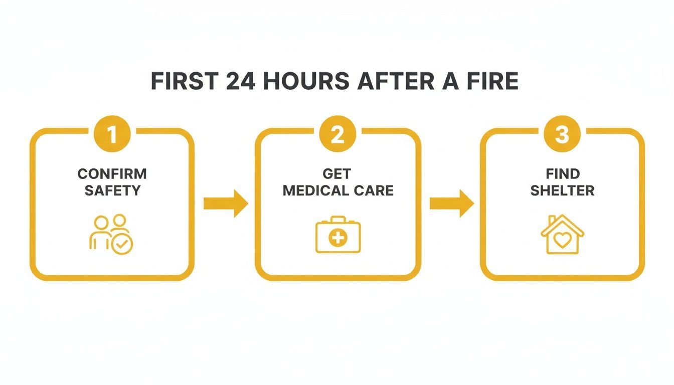 What to Do After a House Fire: A Los Angeles Homeowner's Guide 1 A step-by-step infographic on the first 24 hours after a fire: confirm safety, get medical care, find shelter.