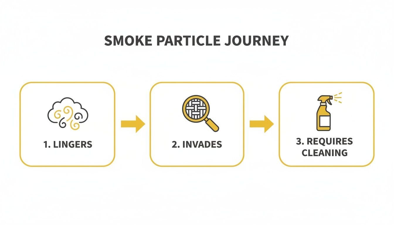 Infographic showing the three-step journey of smoke particles: lingers, invades, and requires cleaning.