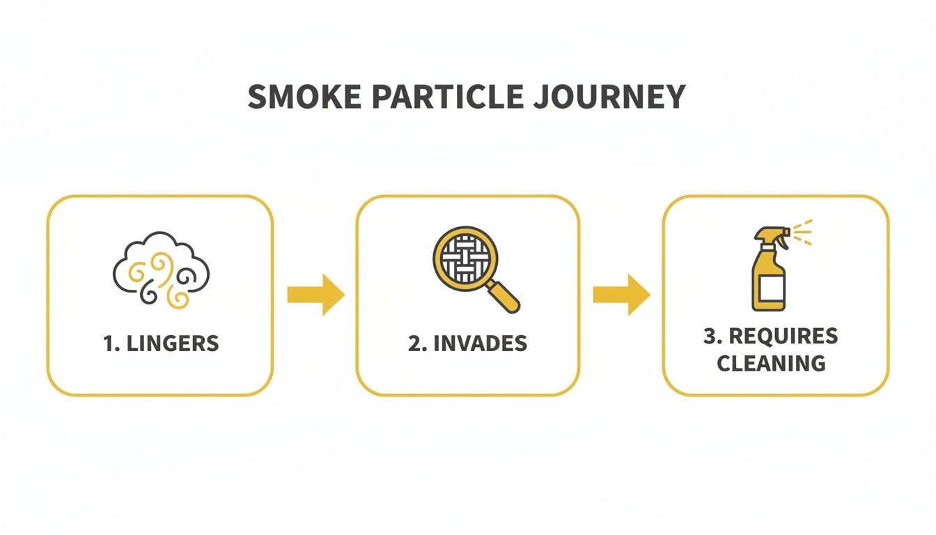 Infographic showing the three-step journey of smoke particles: lingers, invades, and requires cleaning.