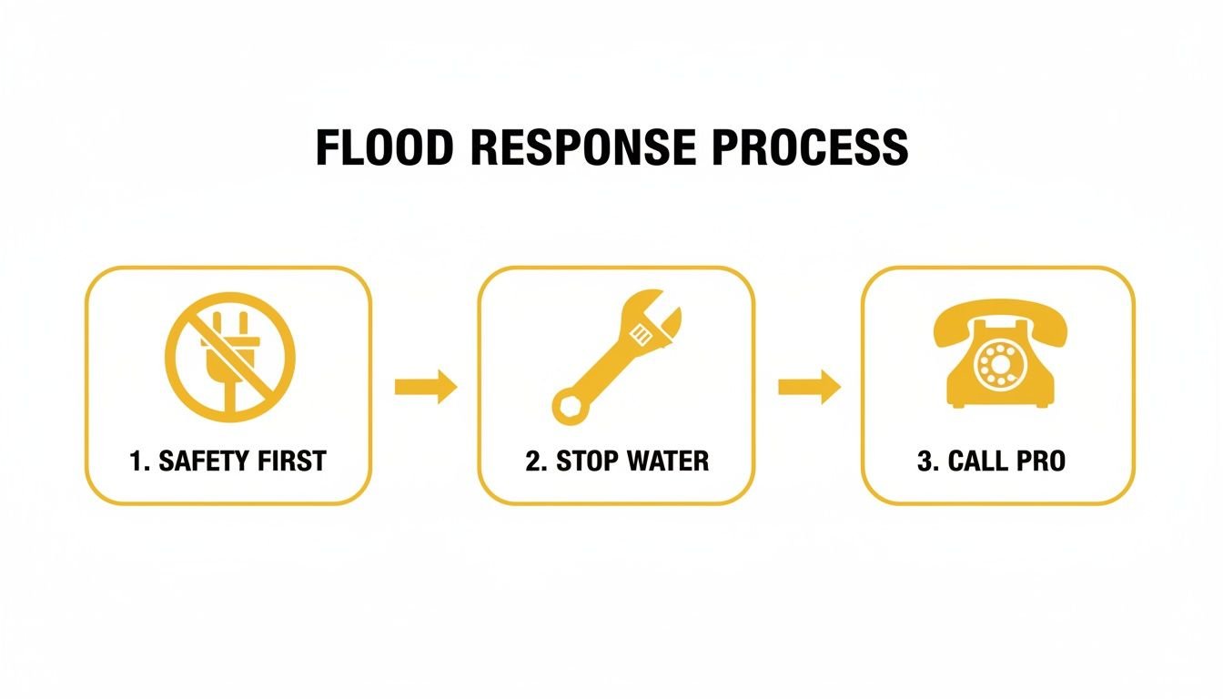 A flowchart illustrating the flood response process with three steps: Safety First (power off), Stop Water (wrench), and Call Pro (telephone).